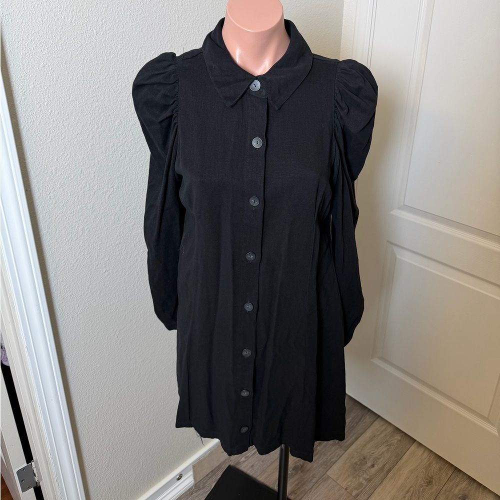 Zara Black Button-Up Dress with Puff Sleeves Sz M
